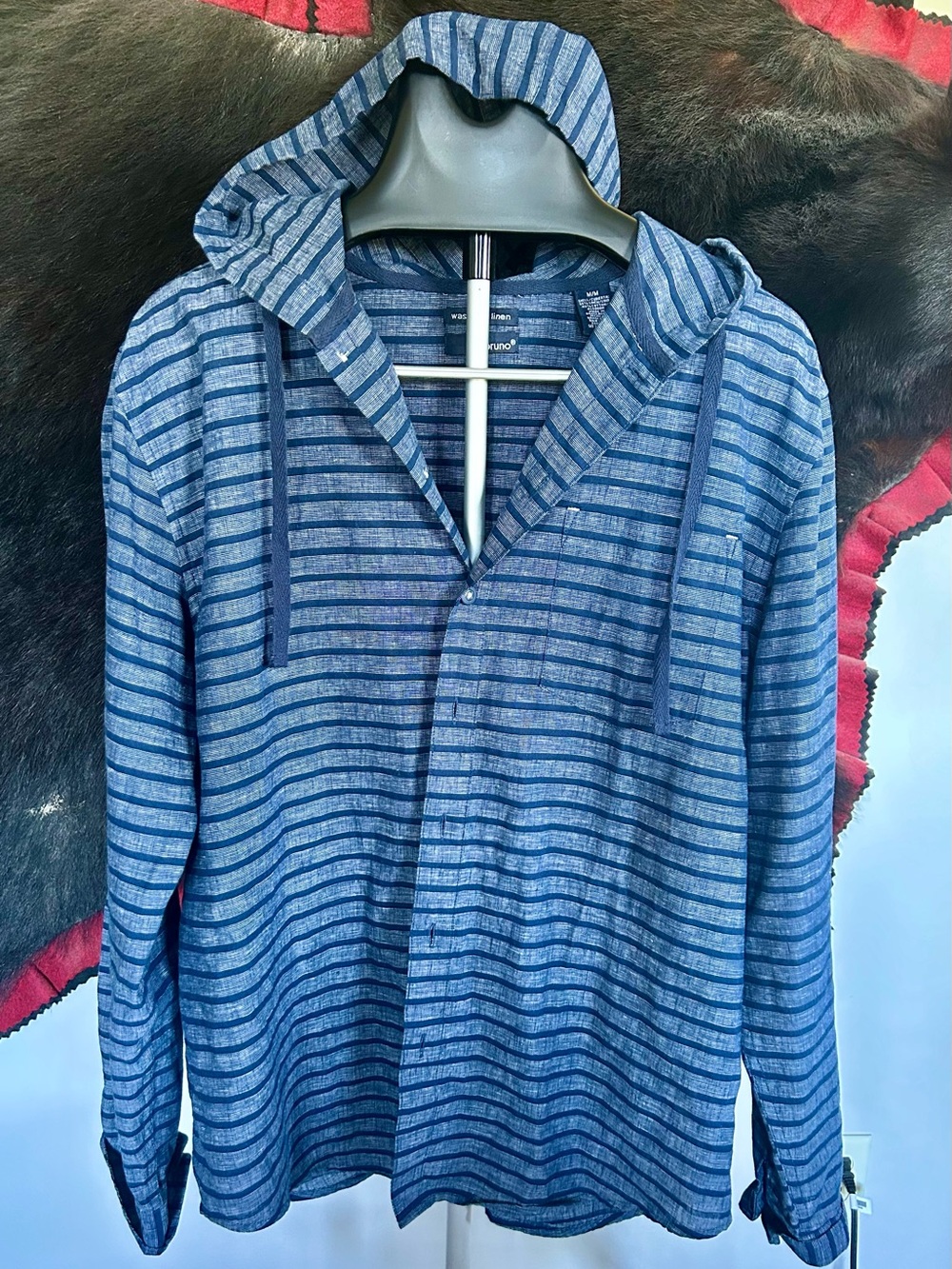Men’s Bruno Striped Blue Hooded Button-Up Linen Shirt Sz M NWOT